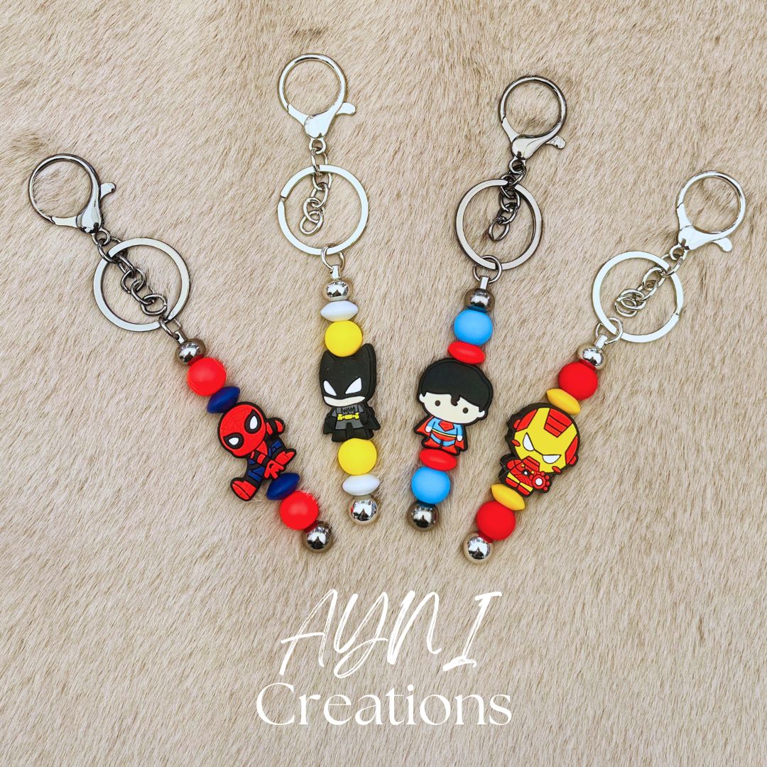 Porte-clés / bijou de sac SUPER HEROS, personnalisé en perles silicone