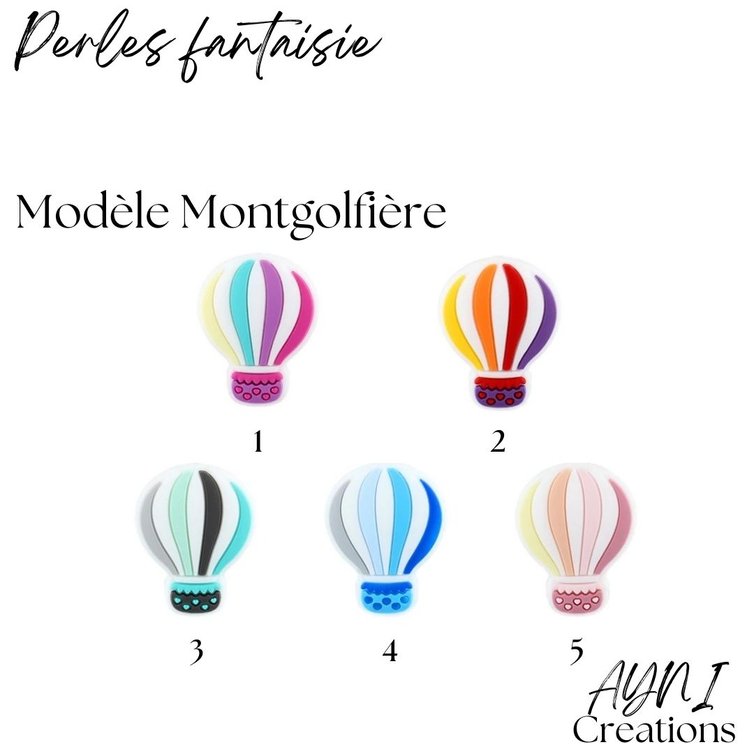 Attache-doudou personnalisée en silicone avec perle au choix, modèle MONTGOLFIERE