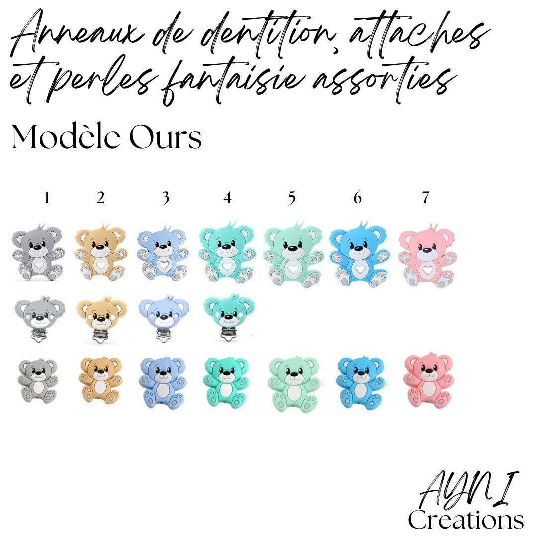 Attache-tétine personnalisée en silicone, modèle OURS GRIS