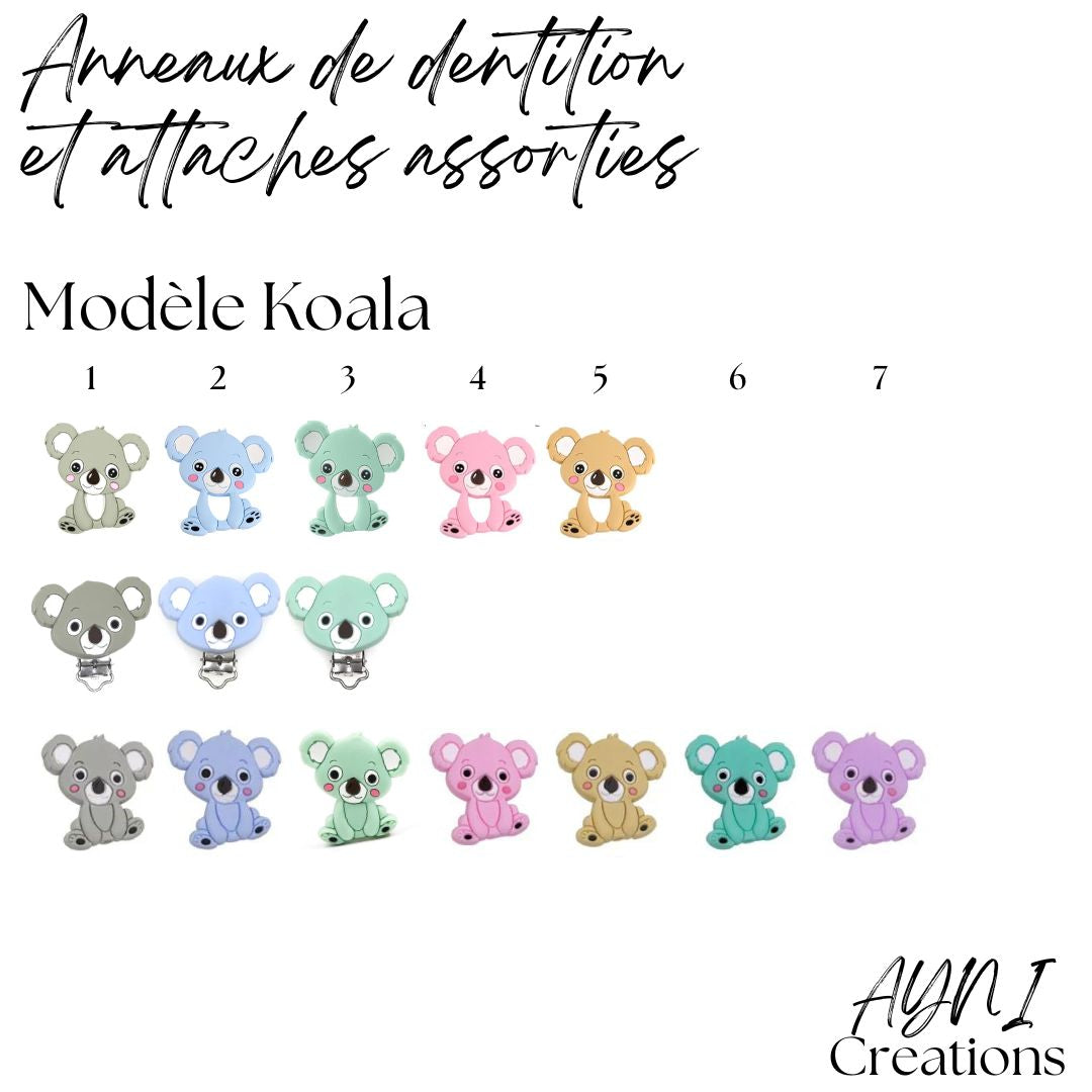 Attache-doudou personnalisée en silicone avec perle au choix, modèle KOALA