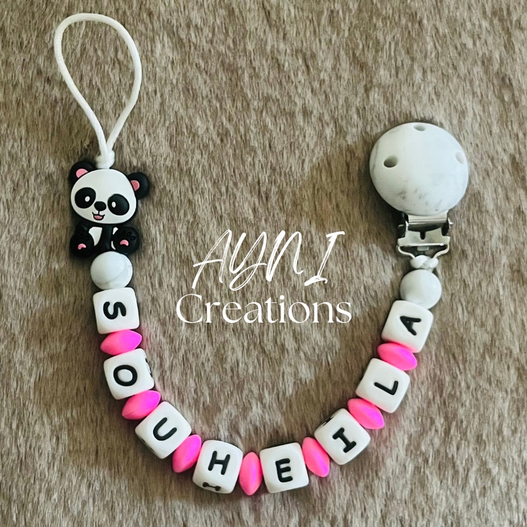 Attache-tétine personnalisée en silicone, modèle PANDA ROSE