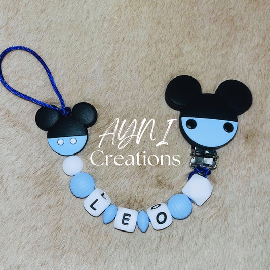 Attache-tétine personnalisée en silicone, modèle MICKEY BLEU