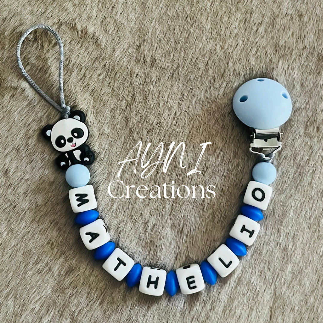 Attache-tétine personnalisée en silicone, modèle PANDA BLEU