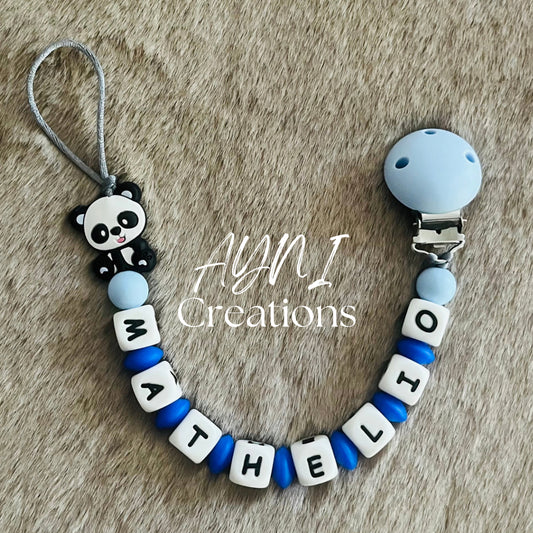 Attache-tétine personnalisée en silicone, modèle PANDA BLEU