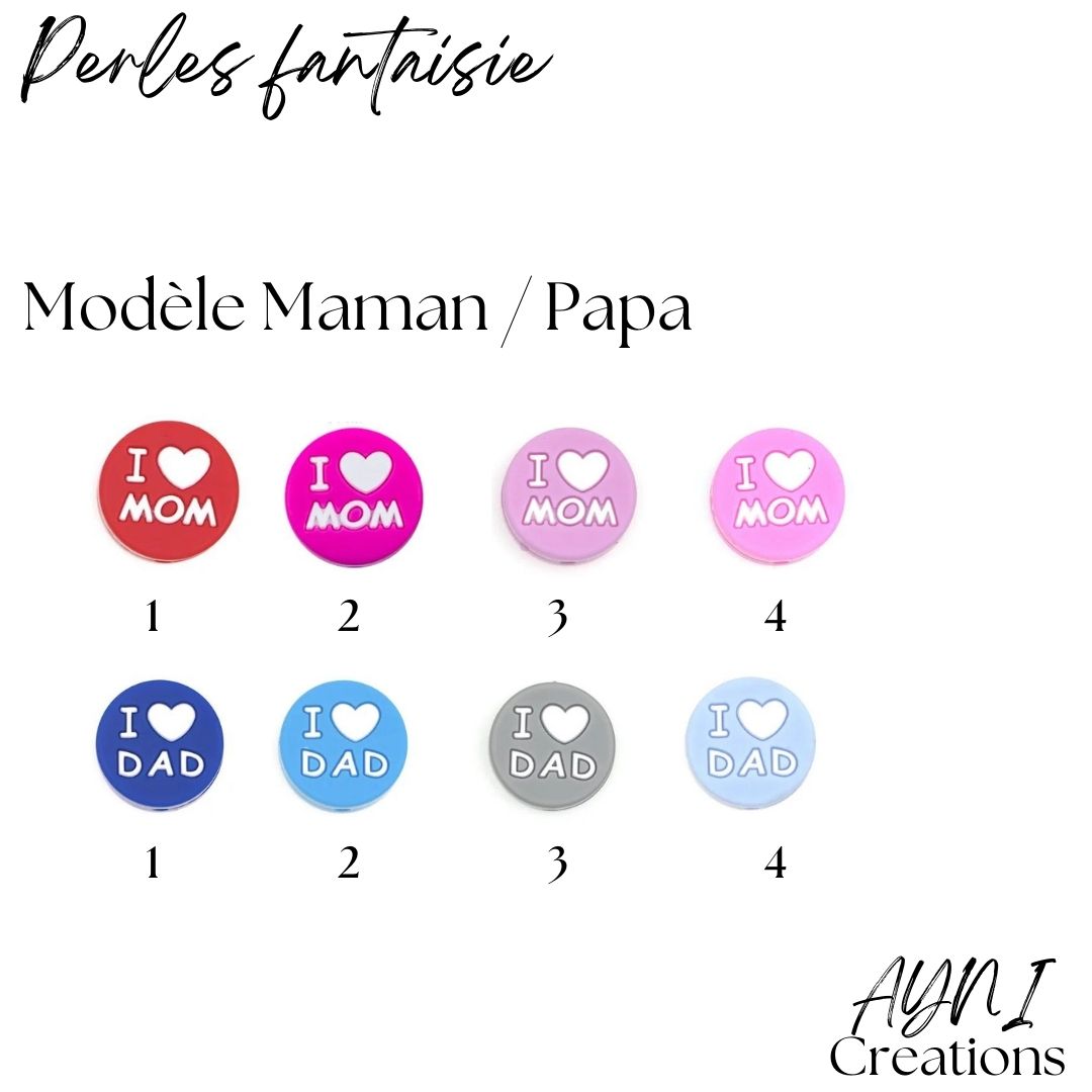 Porte-clés / bijou de sac MAMAN / MOM et PAPA / DAD, personnalisé en perles silicone