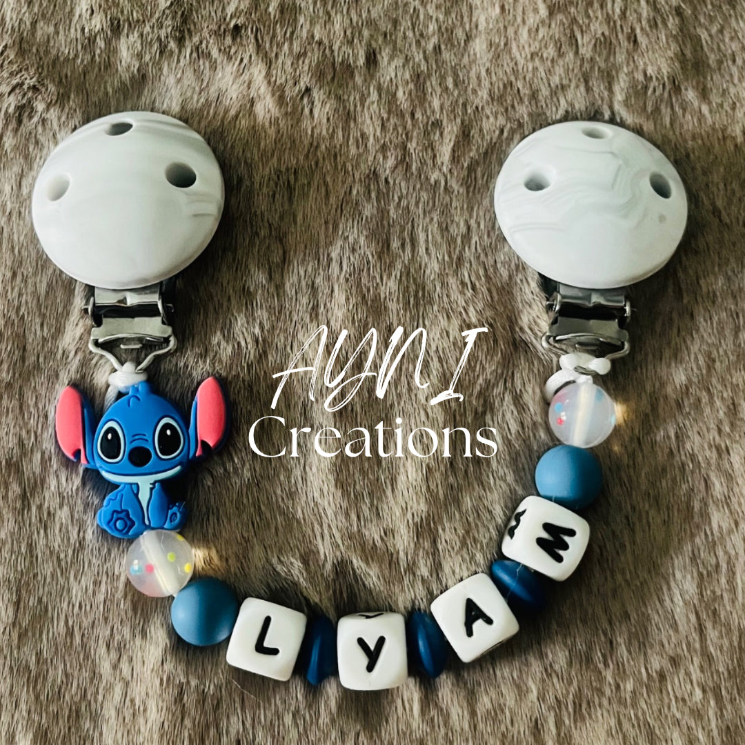 Attache-doudou personnalisée en silicone avec perle au choix, modèle STITCH