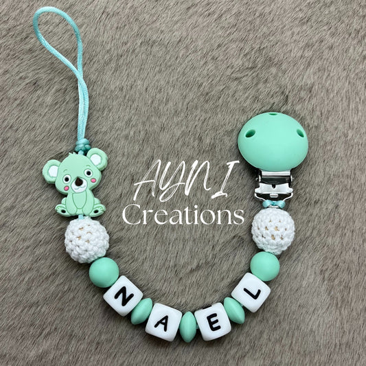 Attache-tétine personnalisée en silicone, modèle KOALA VERT