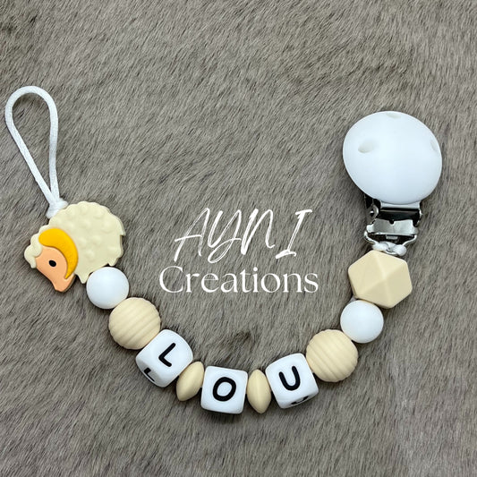 Attache-tétine personnalisée en silicone, modèle MOUTON BEIGE