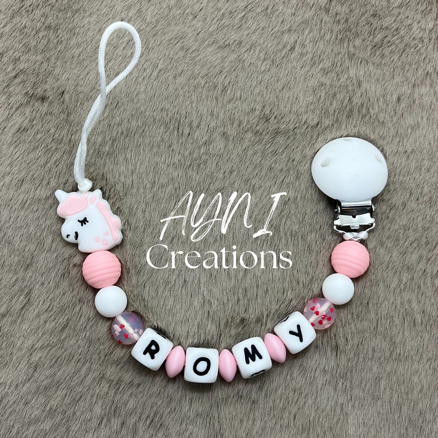 Attache-tétine personnalisée en silicone, modèle LICORNE ROSE