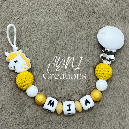 Attache-tétine personnalisée en silicone, modèle LICORNE OR