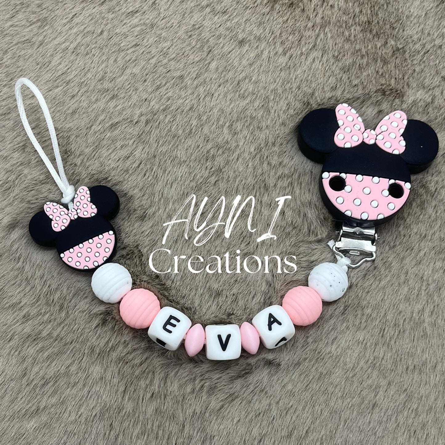 Attache-tétine personnalisée en silicone, modèle MINNIE ROSE
